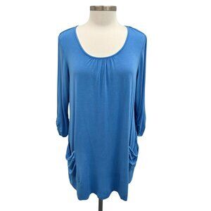 LOGO Lori Goldstein Womens Blue Scoop Neck Tunic Top With Pockets 3/4 Sleeve M